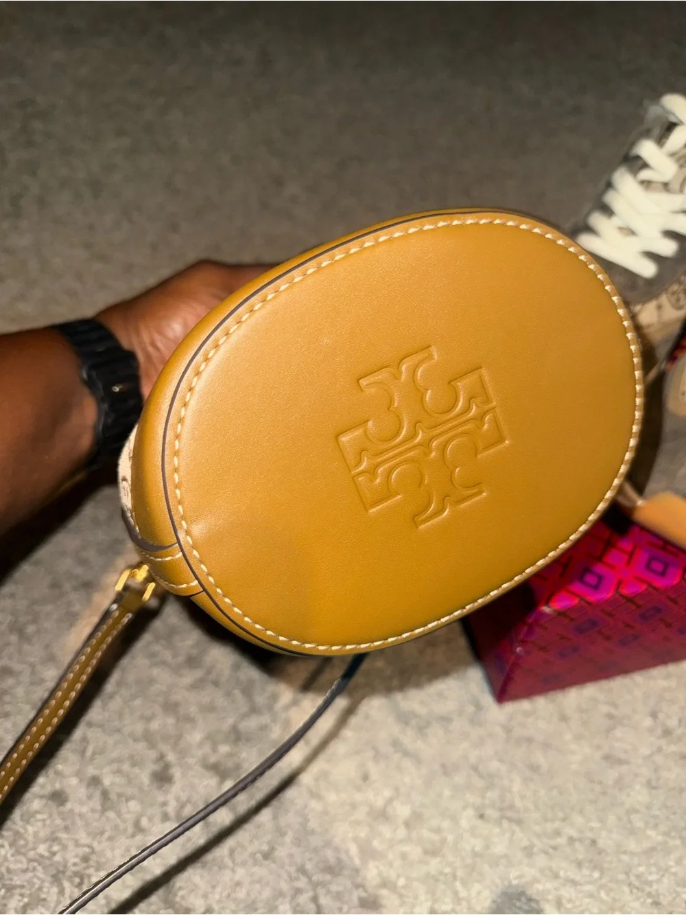 Tory Burch Logo Suede & Canvas Sneakers & matching bucket-bag. Dust-bag too.